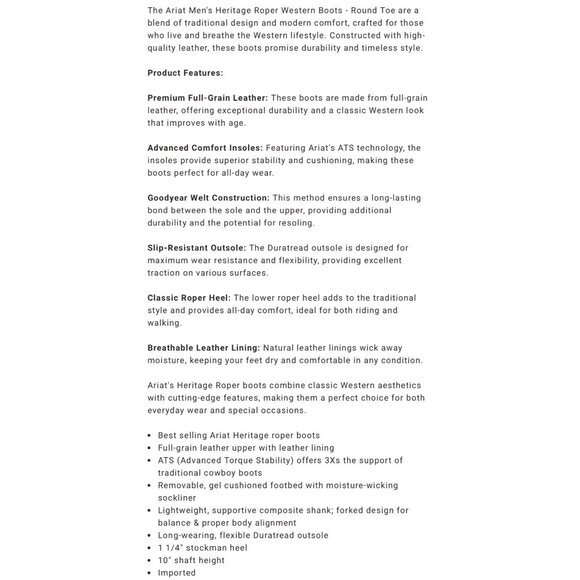 Ariat Men’s Heritage Roper Western Boots Black Leather Round Toe Size 11EE - Picture 3 of 13